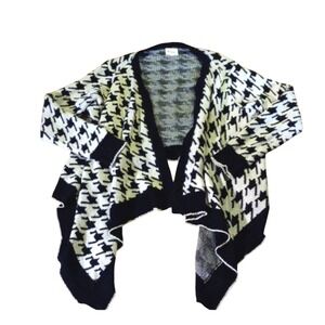 Golden Poppy Women Houndstooth Open Front Waterfall Cardigan Black Cream S